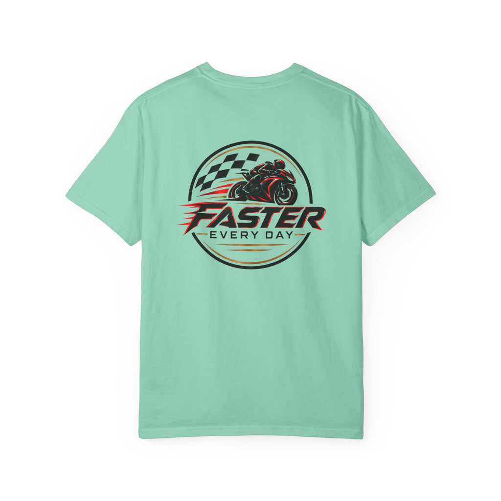 Faster Every Day Racing Badge Tee | Front Logo and Back Print | Motorcycle Shirt | Comfort Colors T-Shirt