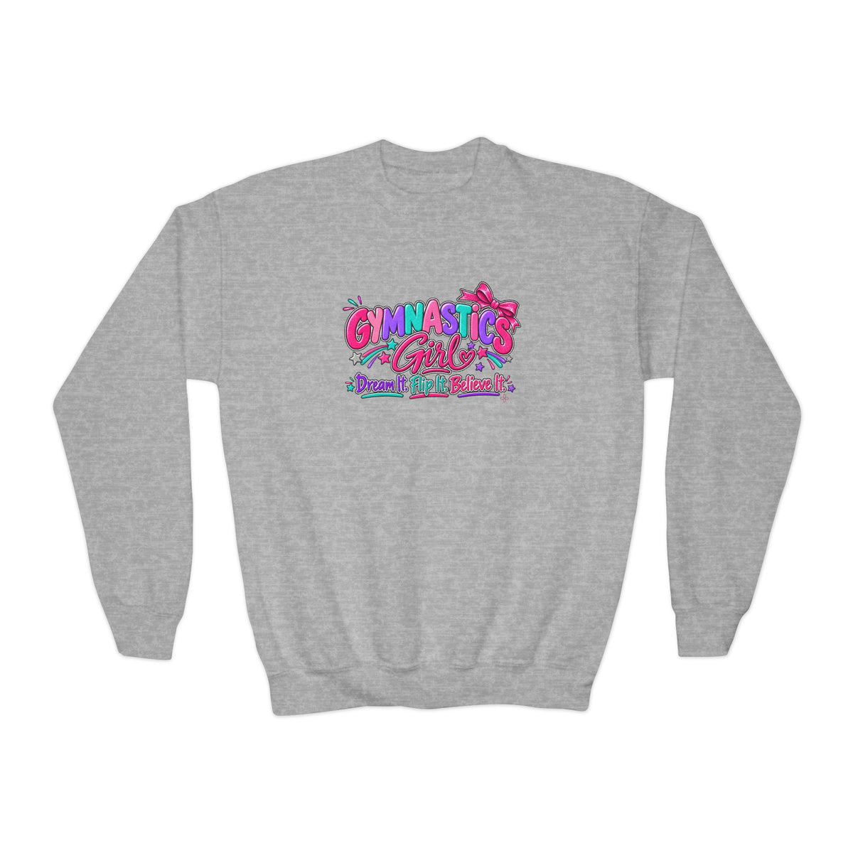 Gymnastics Girl Youth Sweatshirt | Dream It, Flip It, Believe It | Girls Gymnastics Youth Crewneck