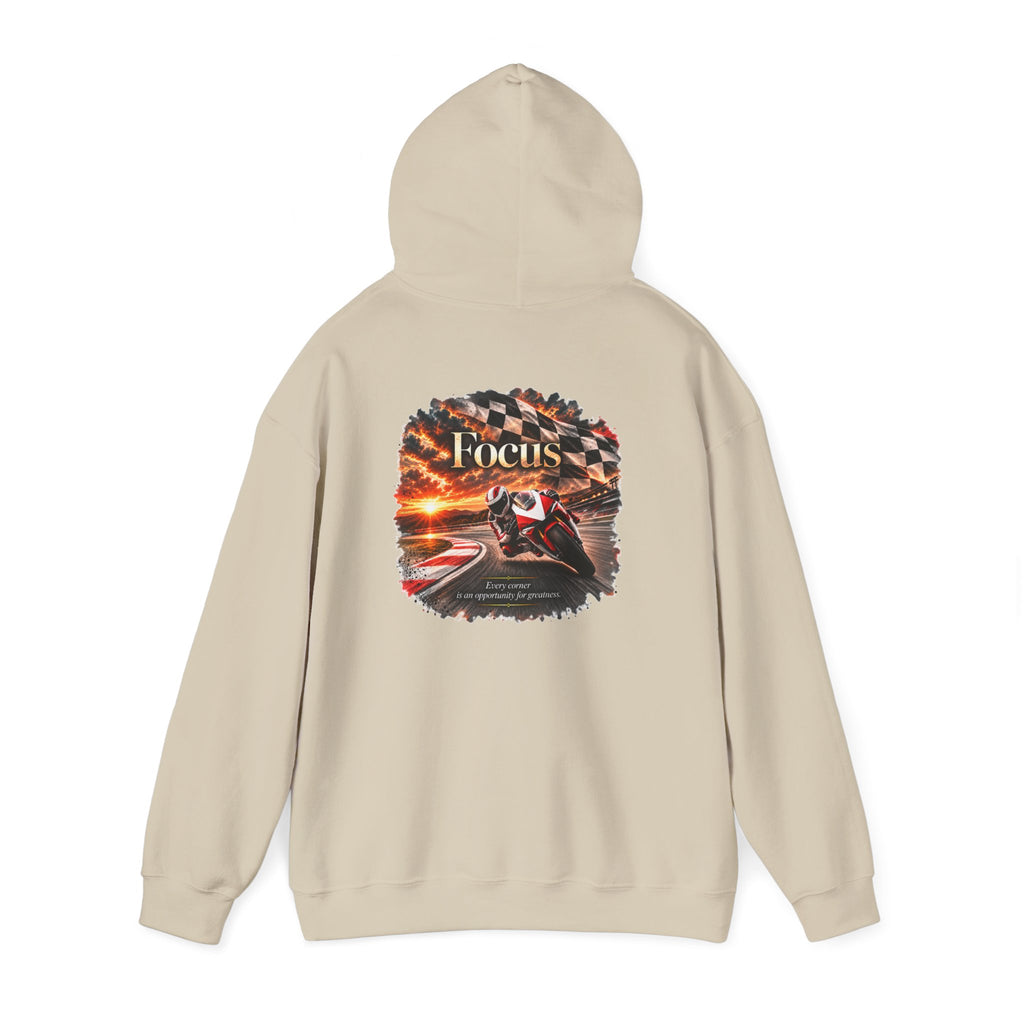 Focus - Every Corner Is an Opportunity for Greatness | Motorcycle Racing Gift | Front Logo and Back Print | Gildan Hoodie
