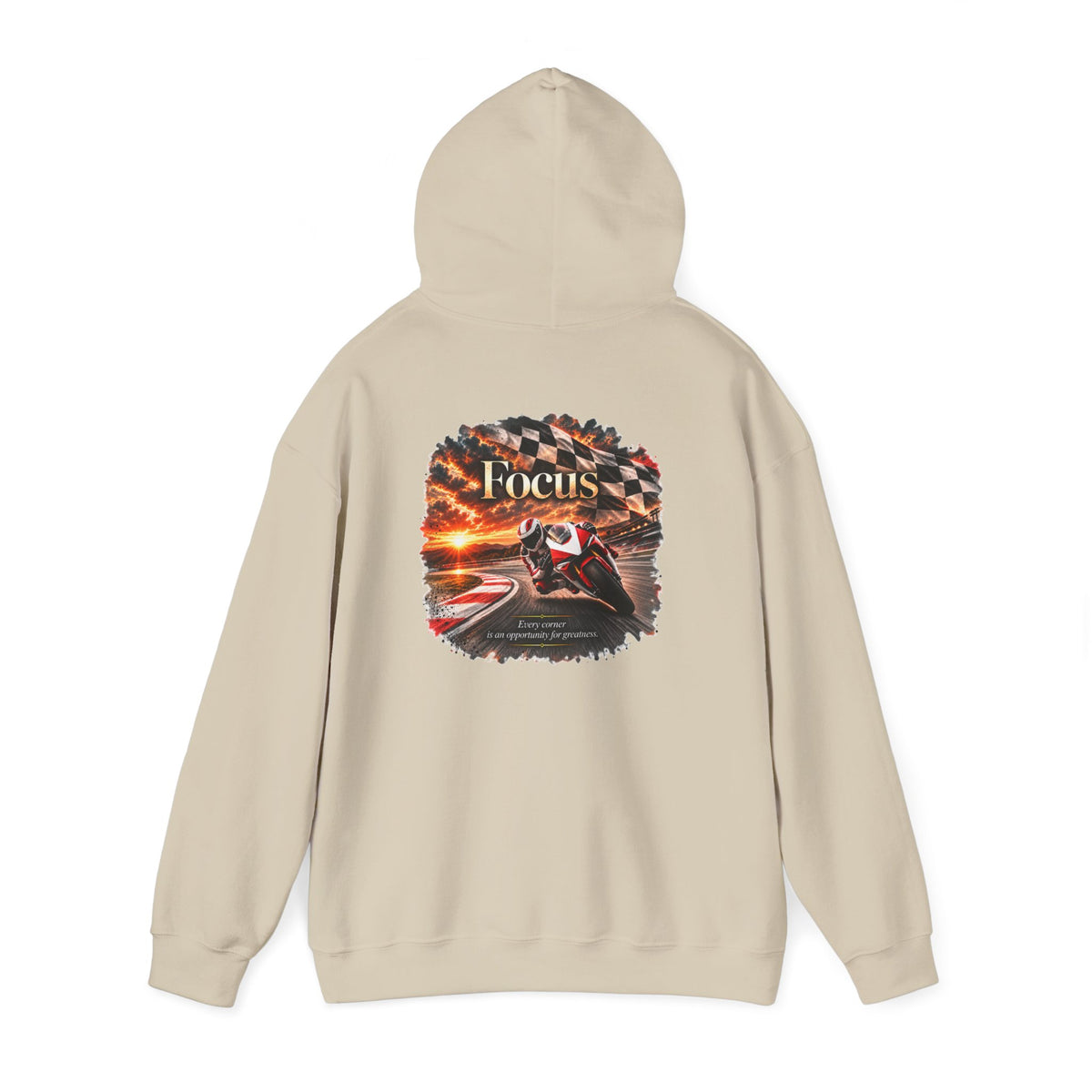 Focus - Every Corner Is an Opportunity for Greatness | Motorcycle Racing Gift | Front Logo and Back Print | Gildan Hoodie