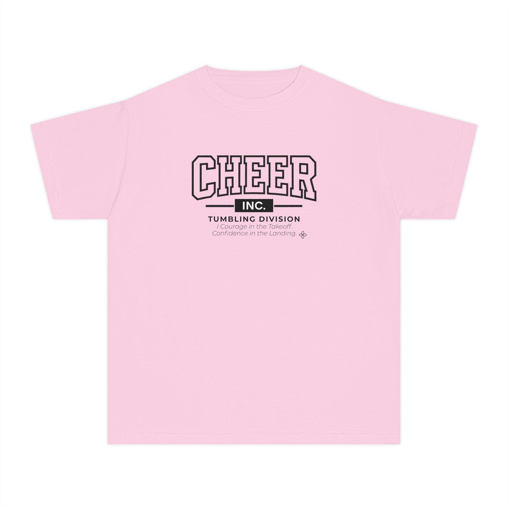 Cheer Inc. Tumbling Division Youth T-Shirt | Courage in the Takeoff, Confidence in the Landing | Girls Cheer Comfort Colors Youth Tee