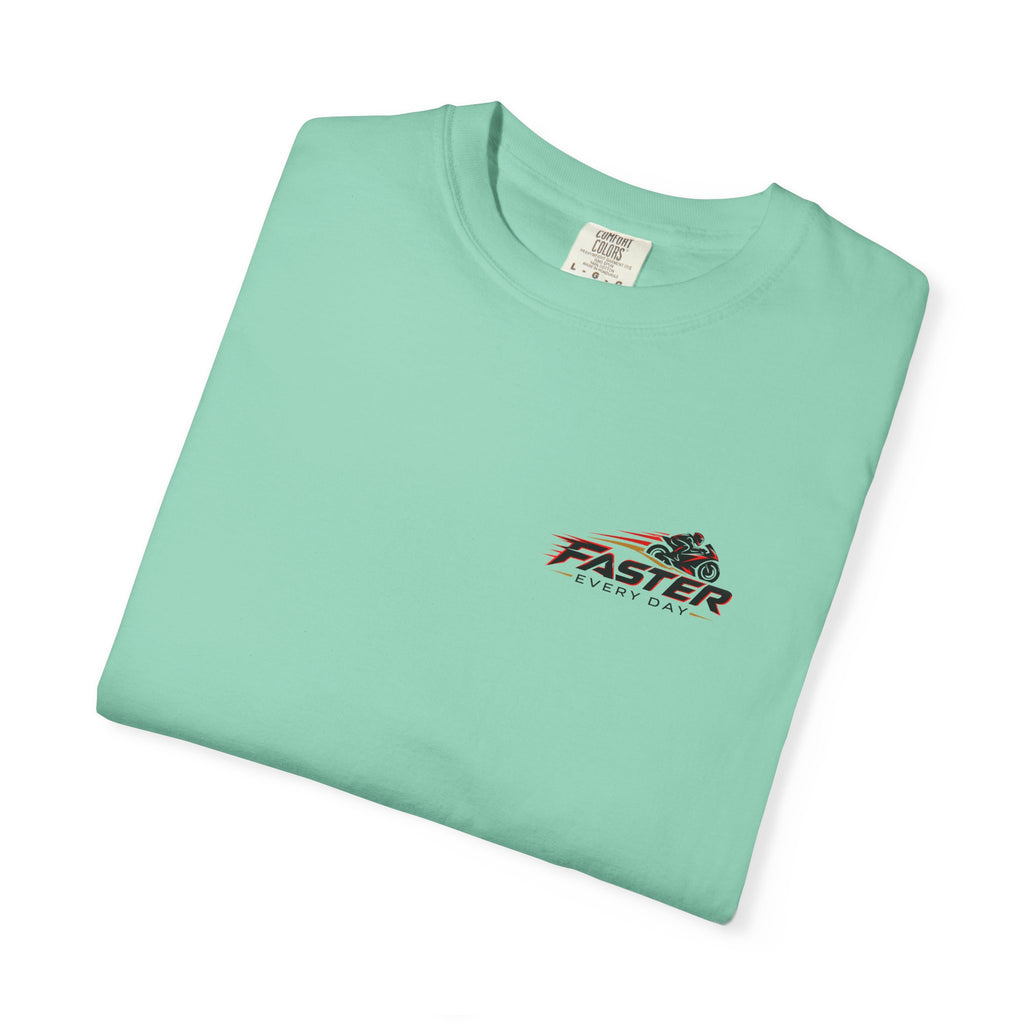 Faster Every Day Racing Badge Tee | Front Logo and Back Print | Motorcycle Shirt | Comfort Colors T-Shirt