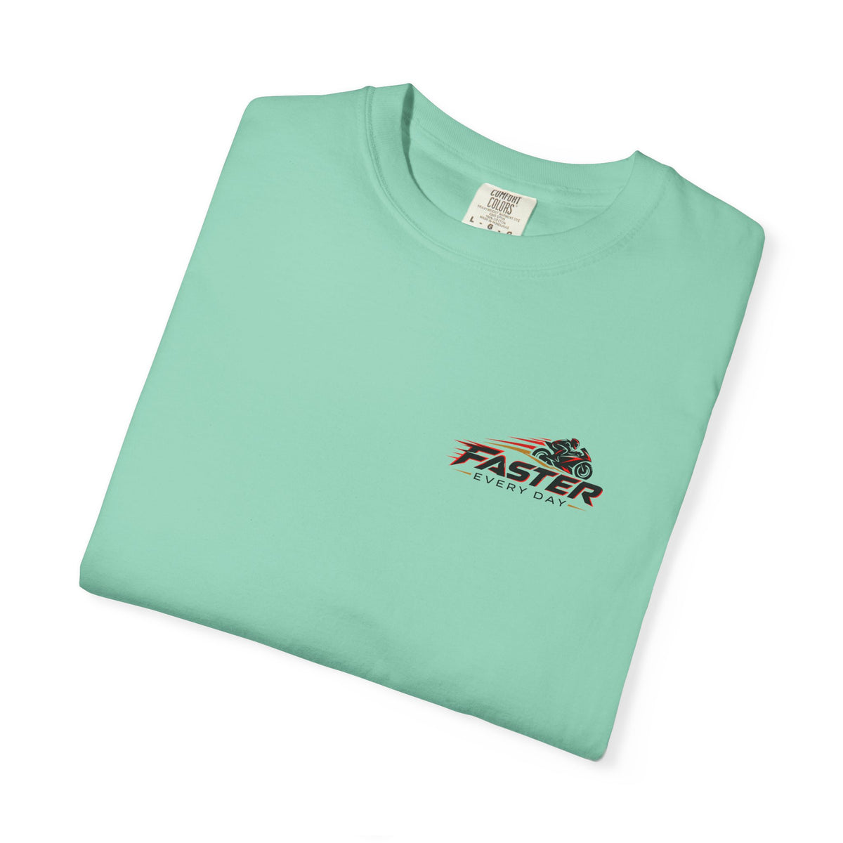 Faster Every Day Racing Badge Tee | Front Logo and Back Print | Motorcycle Shirt | Comfort Colors T-Shirt