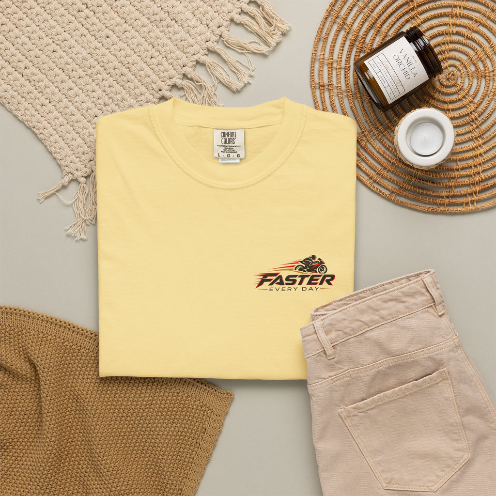 Faster Every Day Racing Badge Tee | Front Logo and Back Print | Motorcycle Shirt | Comfort Colors T-Shirt