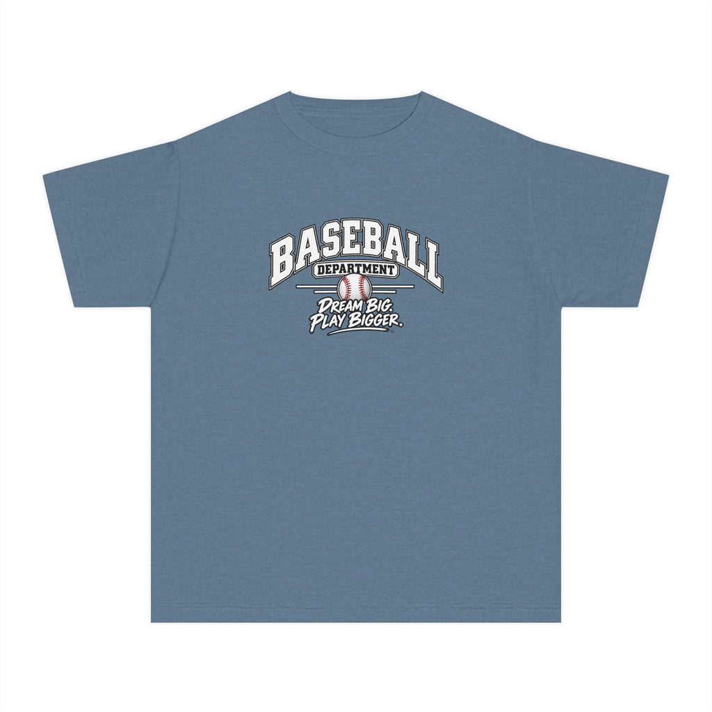 Baseball Department Youth T-Shirt | Dream Big, Play Bigger | Kids Baseball Comfort Colors Youth Tee