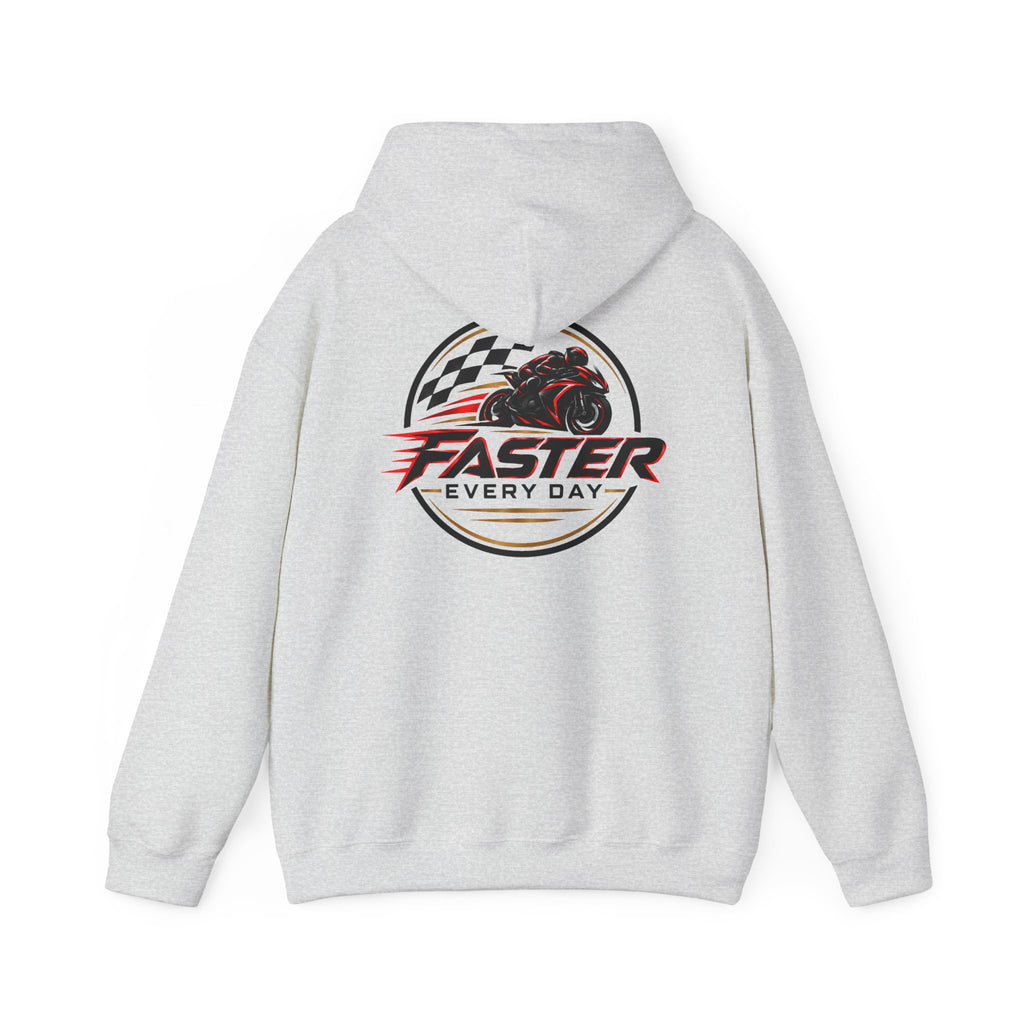 Faster Every Day Racing Badge Hoodie | Front Logo and Back Print | Motorcycle Gift | Gildan Hoodie