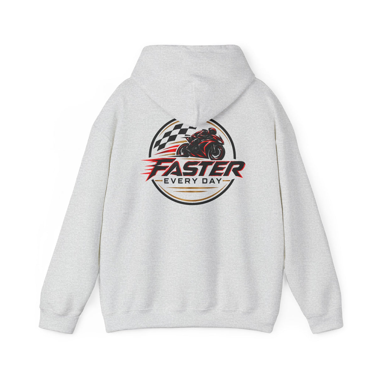 Faster Every Day Racing Badge Hoodie | Front Logo and Back Print | Motorcycle Gift | Gildan Hoodie