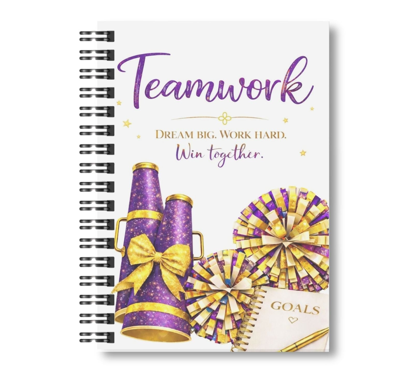 Teamwork - Cheerleading Notebook 8.5"x11", Purple and Gold Wide Ruled Blank Notebook, Spiral Bound