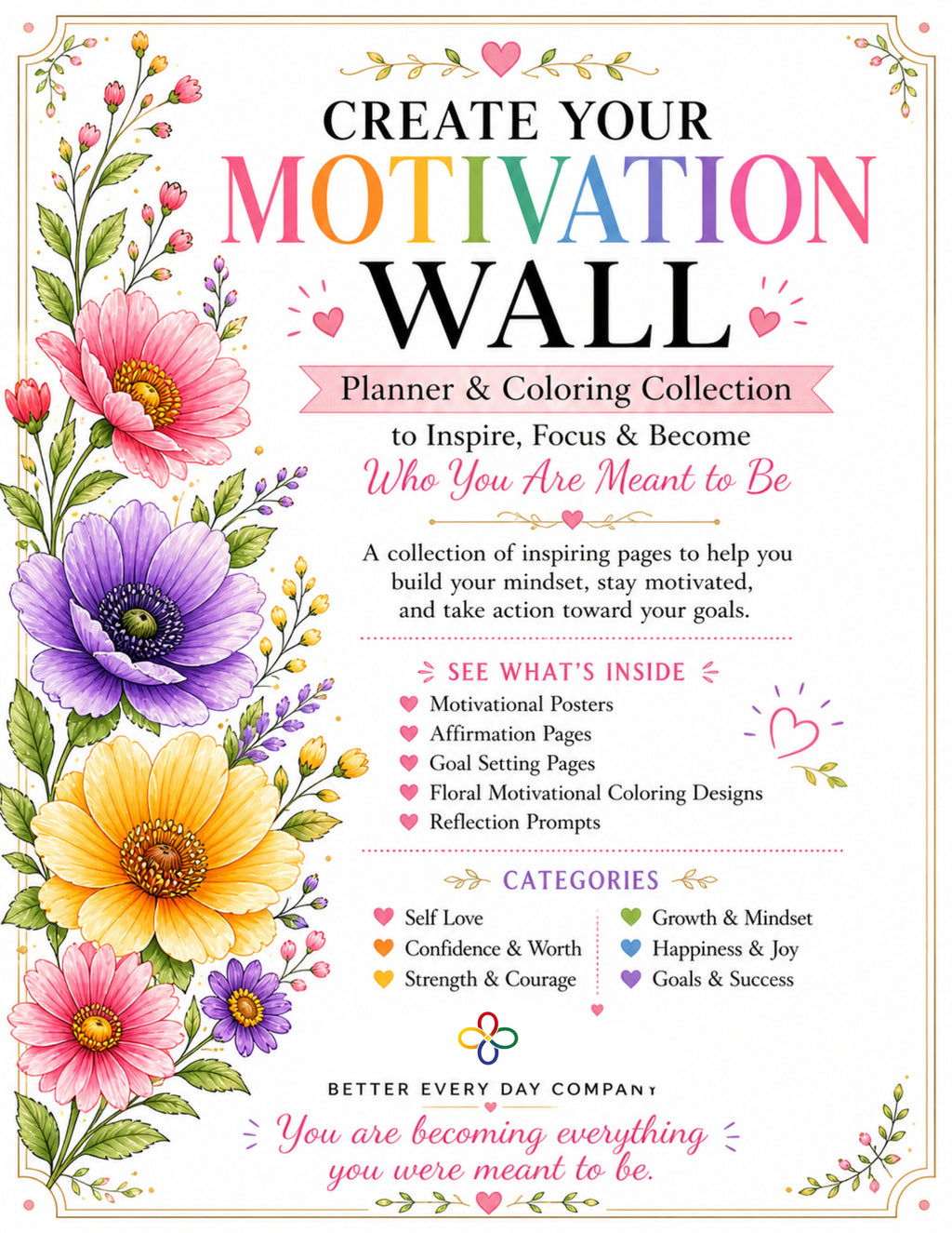 Create Your Motivation Wall, Volume 1: Inspirational Adult Coloring Book with Positive Quotes, Affirmations, Goal-Setting Pages, Full-Color Inspiration Pages, and Frameable Designs for Women