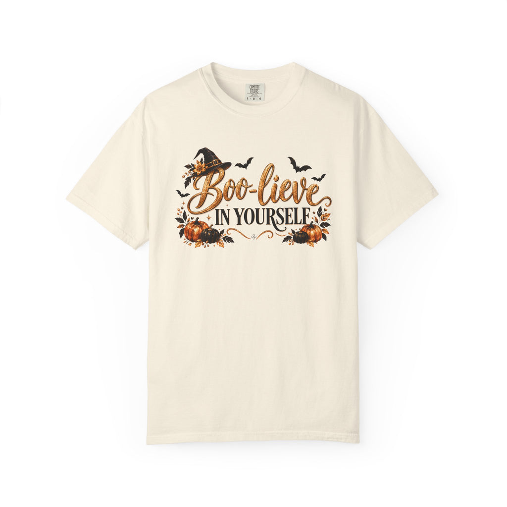 Inspirational Halloween T-Shirt - BOO-lieve In Yourself - Women's Comfort Colors Motivational Shirt