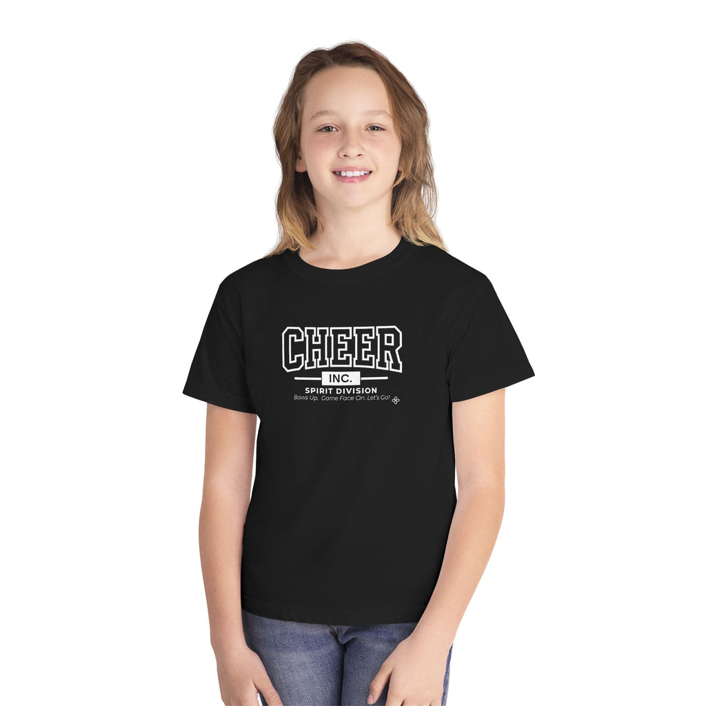 Cheer Inc. Spirit Division Youth T-Shirt | Bows Up, Game Face On, Let's Go | Girls Cheer Comfort Colors Youth Tee
