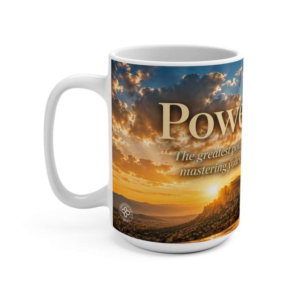 POWER - Greek Warrior Sculpture- The Greatest Power Is Mastering Yourself - 15 oz Inspirational Mug, Coffee Cup, Intentionalities