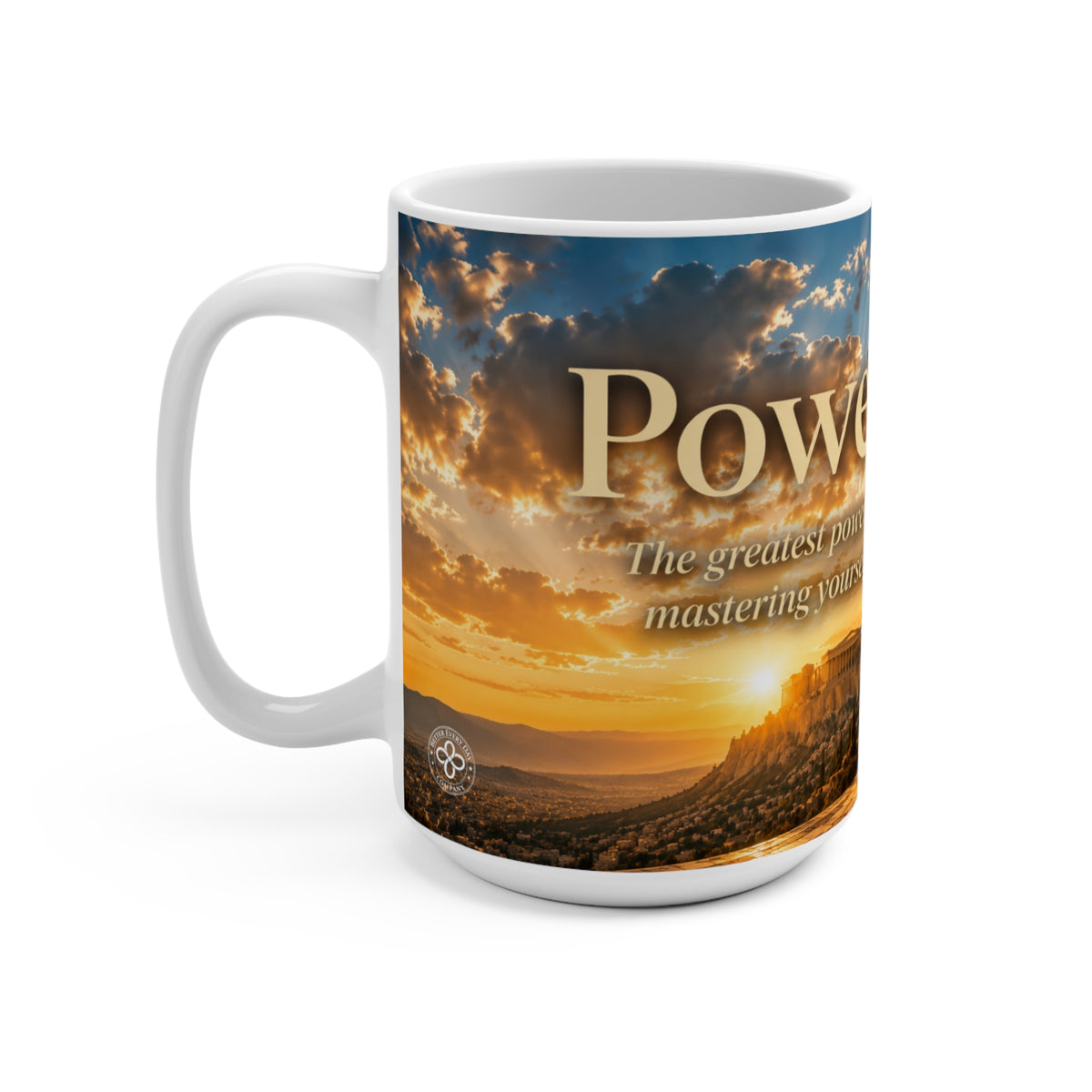 POWER - Greek Warrior Sculpture- The Greatest Power Is Mastering Yourself - 15 oz Inspirational Mug, Coffee Cup, Intentionalities