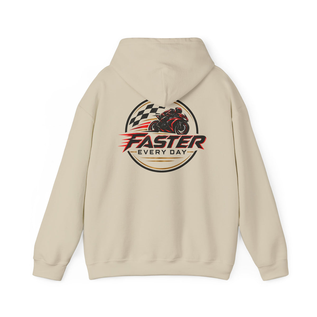 Faster Every Day Racing Badge Hoodie | Front Logo and Back Print | Motorcycle Gift | Gildan Hoodie