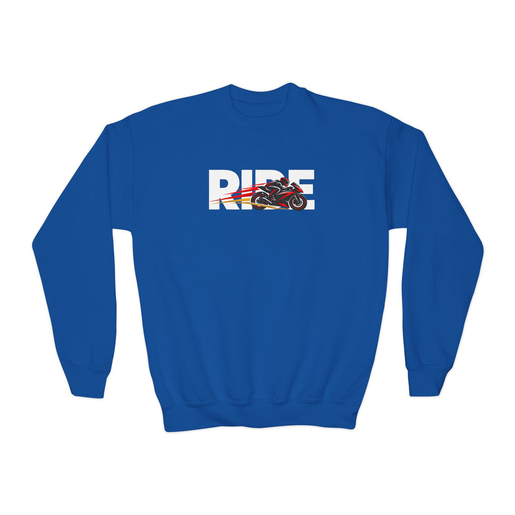 RIDE Sport Bike Youth Sweatshirt | Sport Bike Rider Graphic | Kids Youth Crewneck