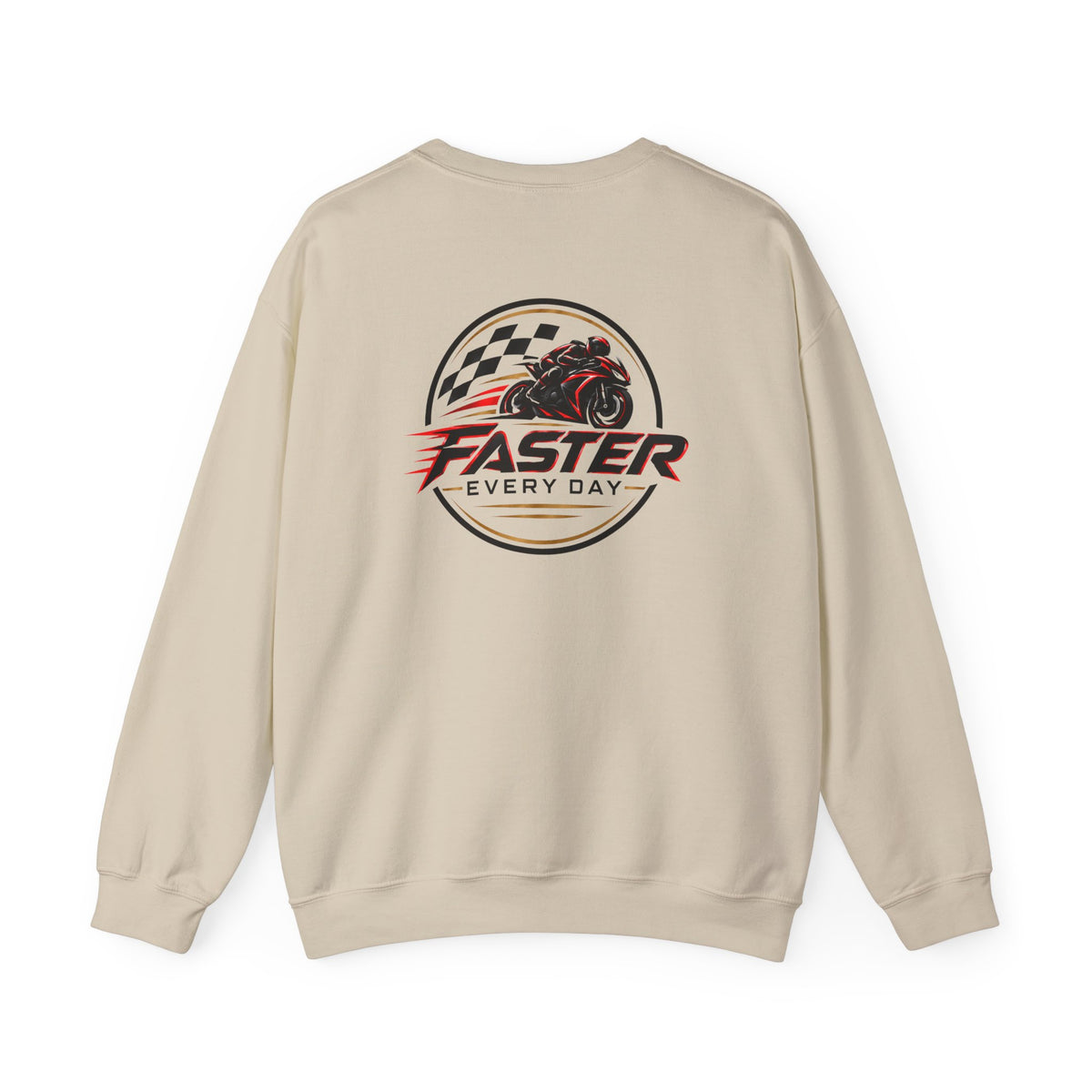 Faster Every Day Racing Badge Sweatshirt | Front Logo and Back Print | Motorcycle Gift | Gildan Crewneck Sweatshirt