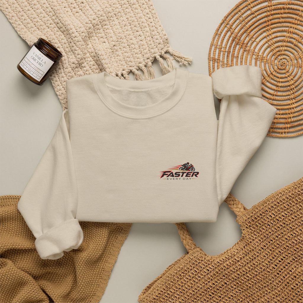 Faster Every Day Racing Badge Sweatshirt | Front Logo and Back Print | Motorcycle Gift | Gildan Crewneck Sweatshirt