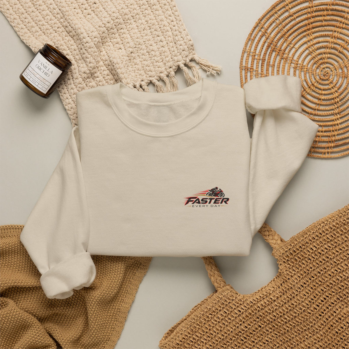 Faster Every Day Racing Badge Sweatshirt | Front Logo and Back Print | Motorcycle Gift | Gildan Crewneck Sweatshirt