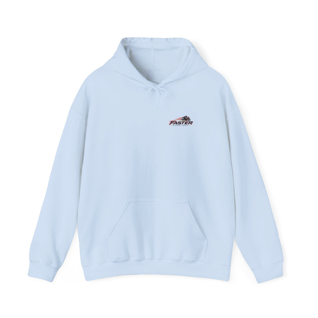 Faster Every Day Racing Badge Hoodie | Front Logo and Back Print | Motorcycle Gift | Gildan Hoodie
