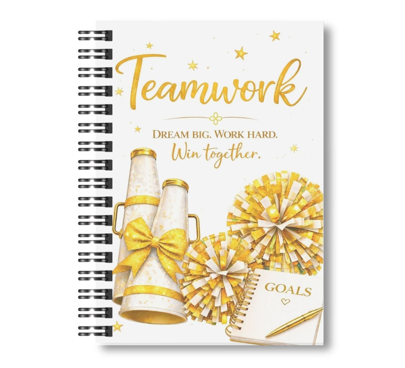 Teamwork - Cheerleading Notebook 8.5"x11, Gold Wide Ruled Blank Notebook, Spiral Bound