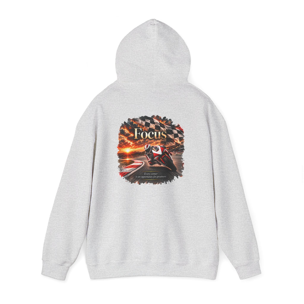 Focus - Every Corner Is an Opportunity for Greatness | Motorcycle Racing Gift | Front Logo and Back Print | Gildan Hoodie