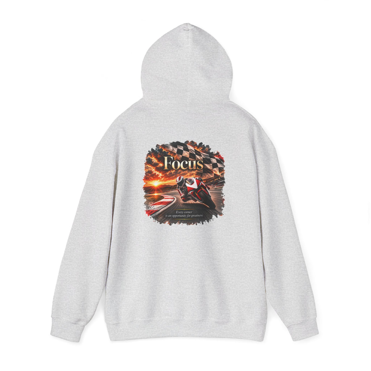 Focus - Every Corner Is an Opportunity for Greatness | Motorcycle Racing Gift | Front Logo and Back Print | Gildan Hoodie