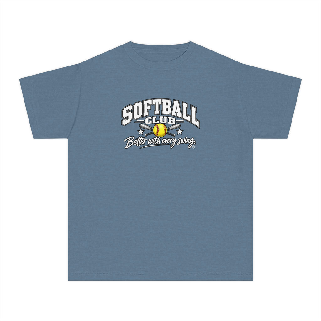 Softball Club Youth T-Shirt | Better With Every Swing | Girls Softball Comfort Colors Youth Tee
