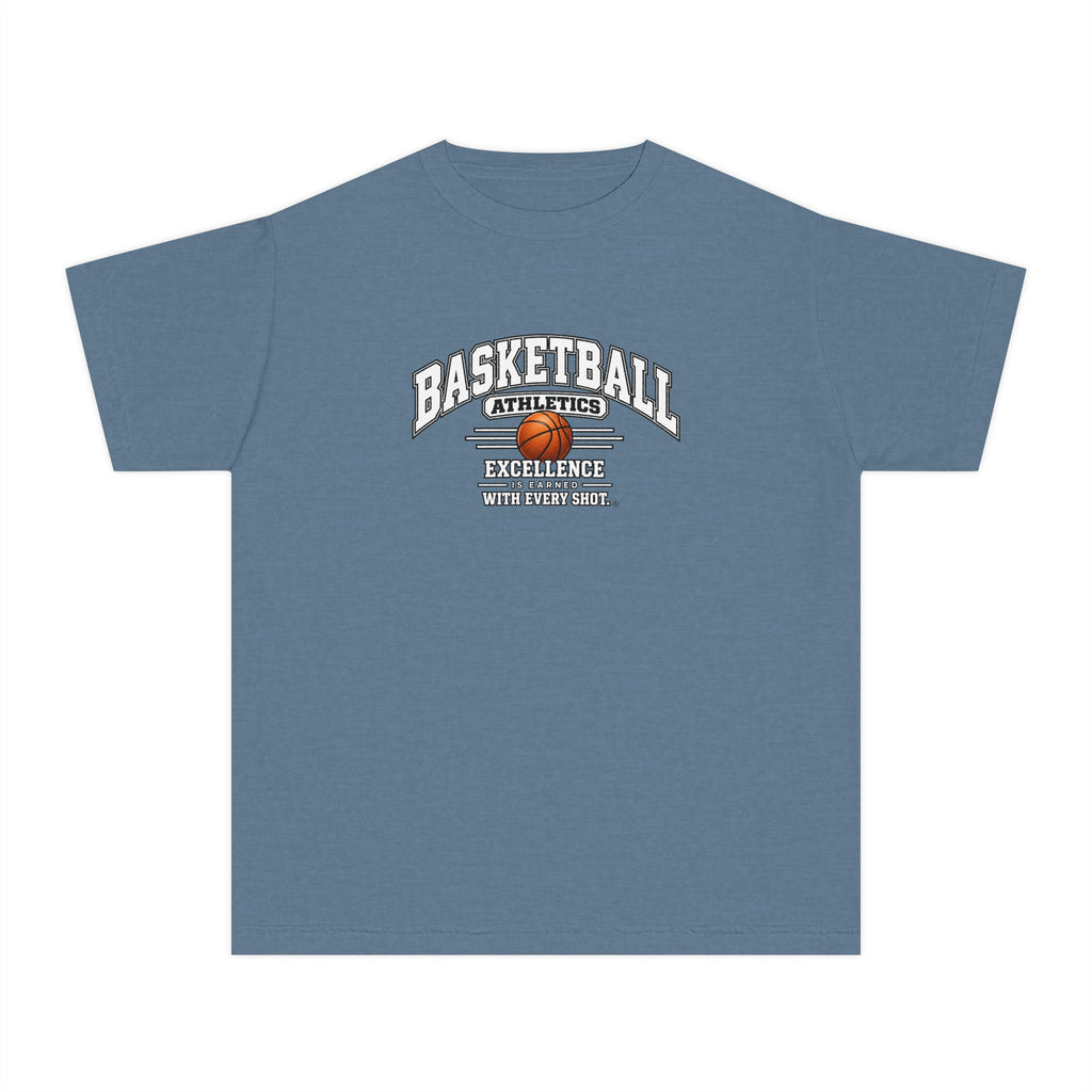 Basketball Athletics Youth T-Shirt | Excellence Is Earned With Every Shot | Kids Basketball Comfort Colors Youth Tee