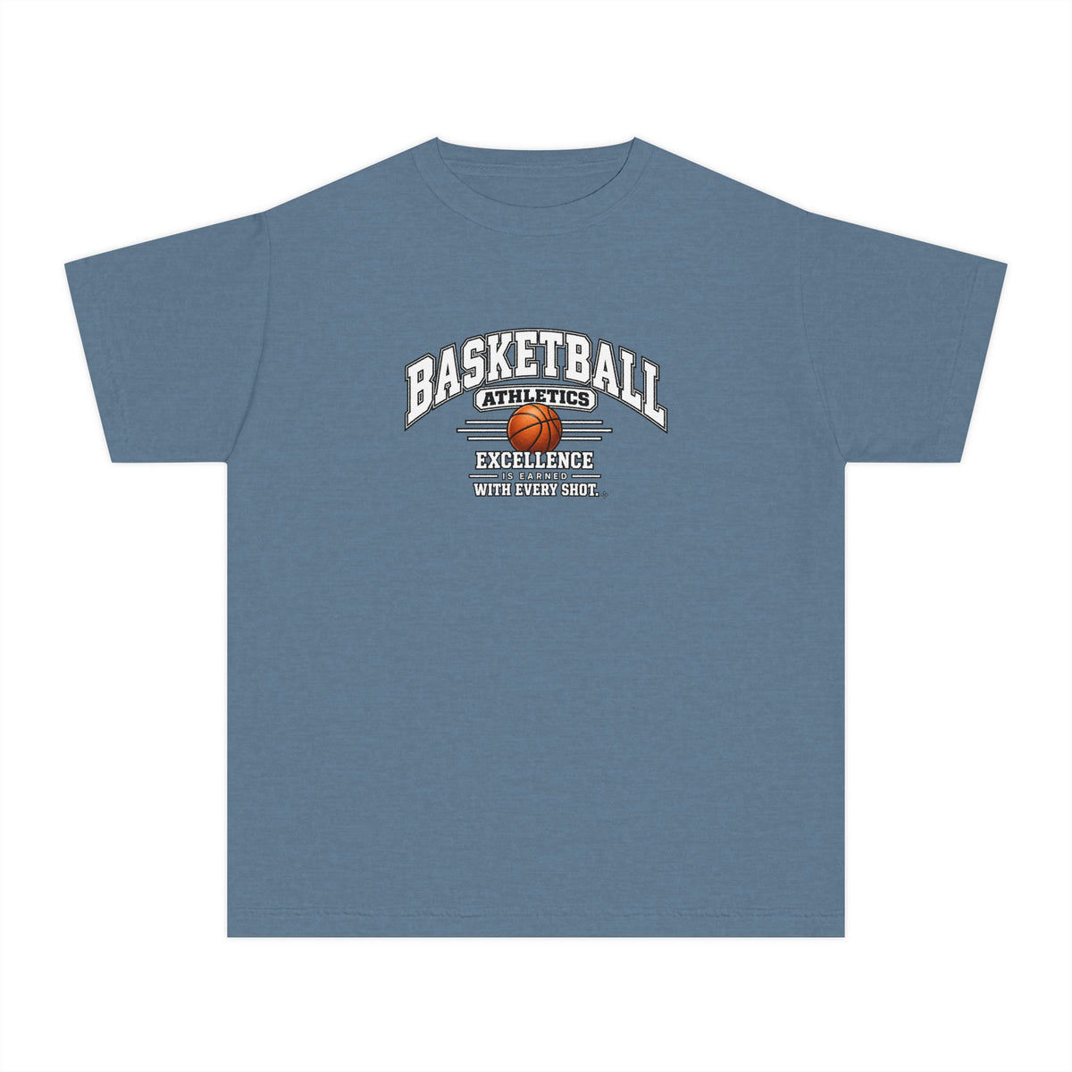 Basketball Athletics Youth T-Shirt | Excellence Is Earned With Every Shot | Kids Basketball Comfort Colors Youth Tee