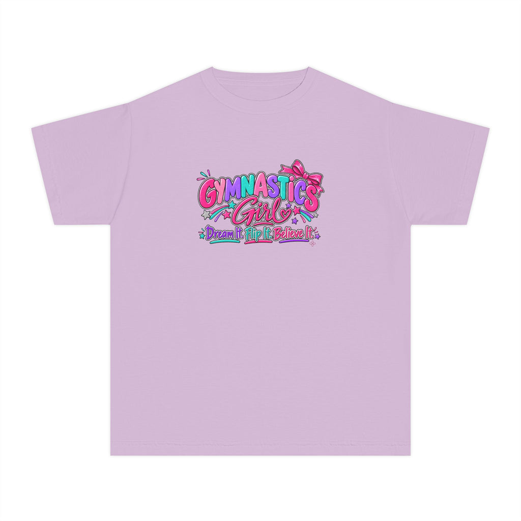 Gymnastics Girl Youth T-Shirt | Dream It, Flip It, Believe It | Girls Gymnastics Comfort Colors Youth Tee