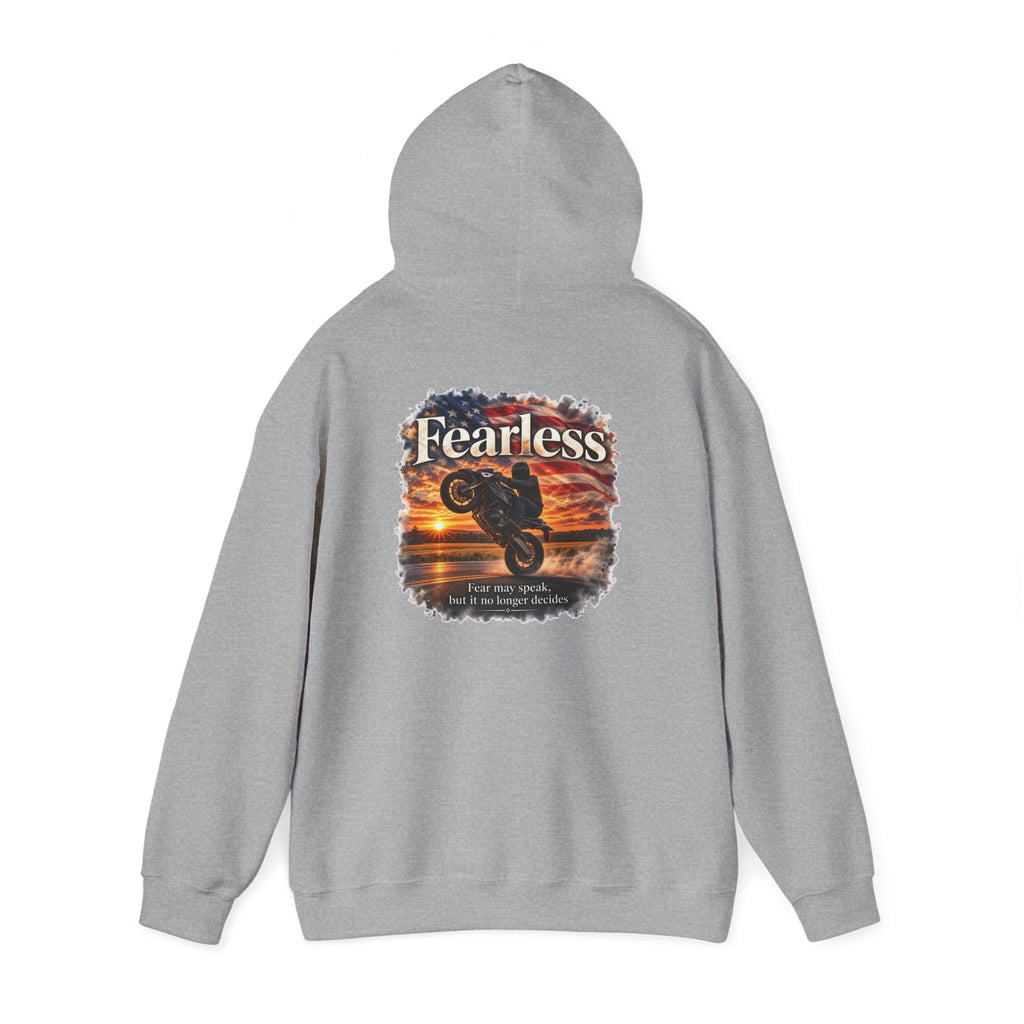Fearless - Fear May Speak, But It No Longer Decides | Motorcycle Wheelie Hoodie | Front Logo and Back Print | Gildan Hoodie