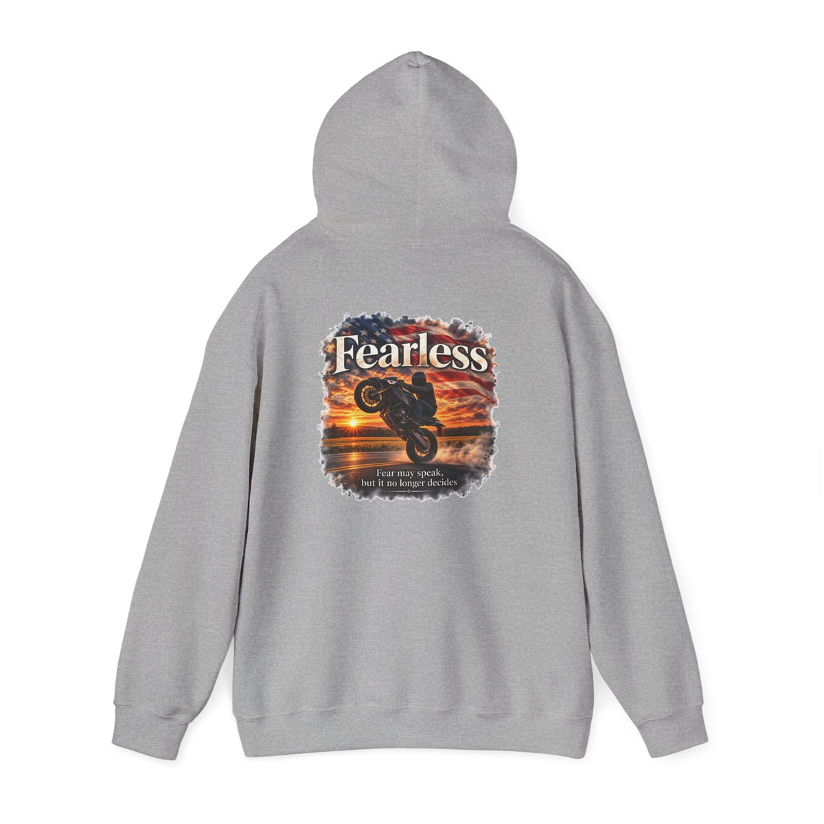 Fearless - Fear May Speak, But It No Longer Decides | Motorcycle Wheelie Hoodie | Front Logo and Back Print | Gildan Hoodie