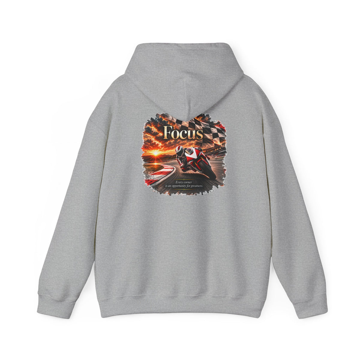 Focus - Every Corner Is an Opportunity for Greatness | Motorcycle Racing Gift | Front Logo and Back Print | Gildan Hoodie