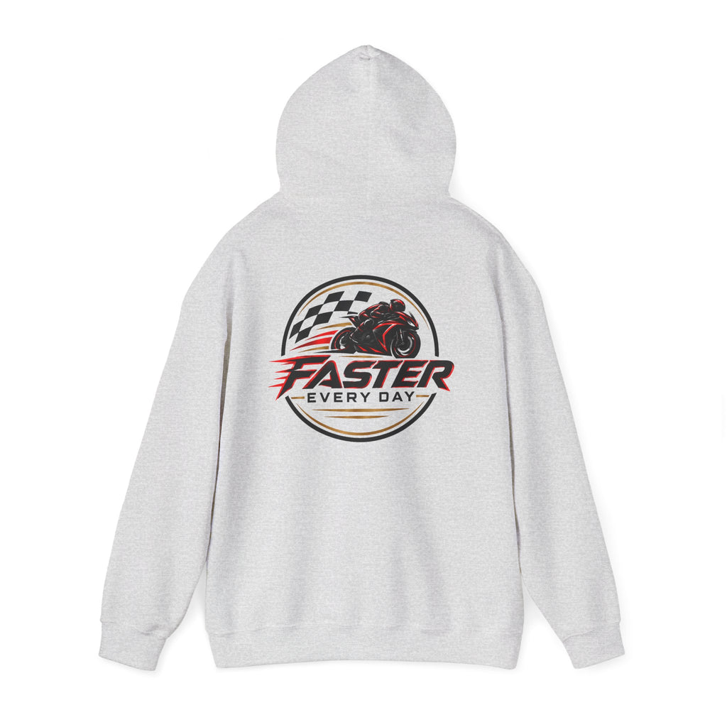 Faster Every Day Racing Badge Hoodie | Front Logo and Back Print | Motorcycle Gift | Gildan Hoodie