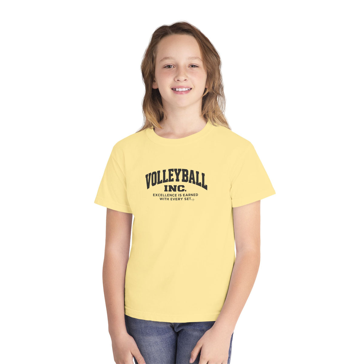Volleyball Inc. Youth T-Shirt | Excellence Is Earned With Every Set | Girls Volleyball Comfort Colors Youth Tee