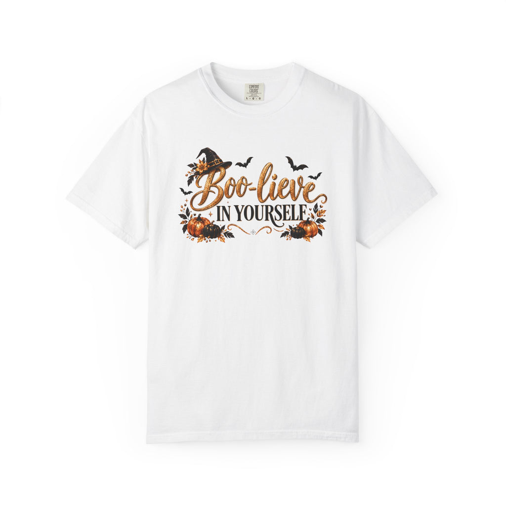Inspirational Halloween T-Shirt - BOO-lieve In Yourself - Women's Comfort Colors Motivational Shirt