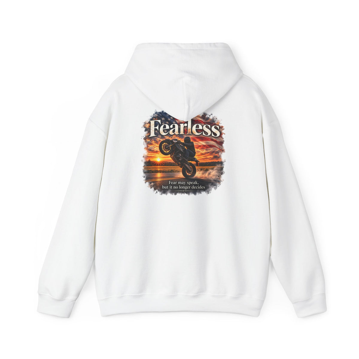 Fearless - Fear May Speak, But It No Longer Decides | Motorcycle Wheelie Hoodie | Front Logo and Back Print | Gildan Hoodie