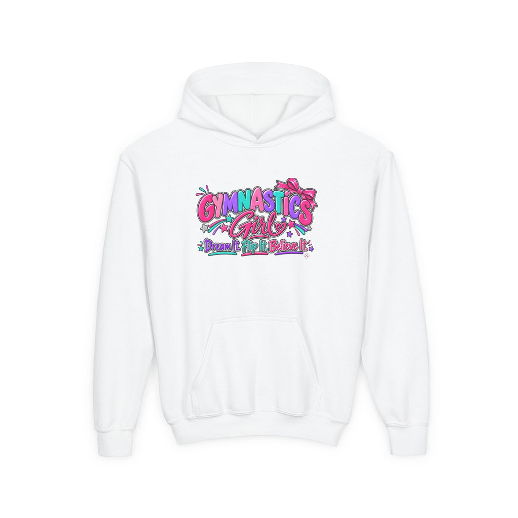 Gymnastics Girl Youth Hoodie | Dream It, Flip It, Believe It | Girls Gymnastics Youth Hoodie