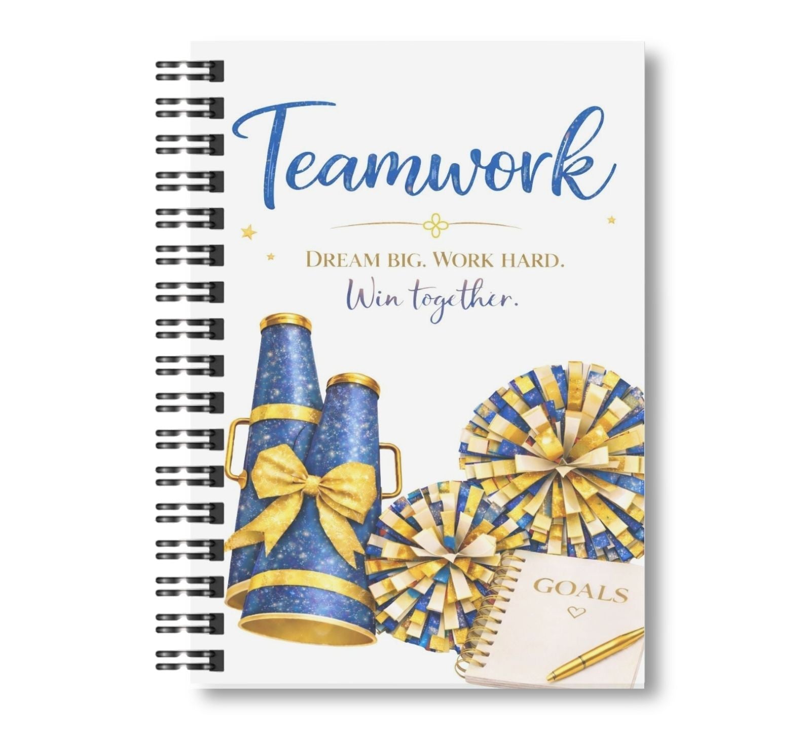 Teamwork - Cheerleading Notebook 8.5"x11", Blue and Gold Wide Ruled Blank Notebook, Spiral Bound