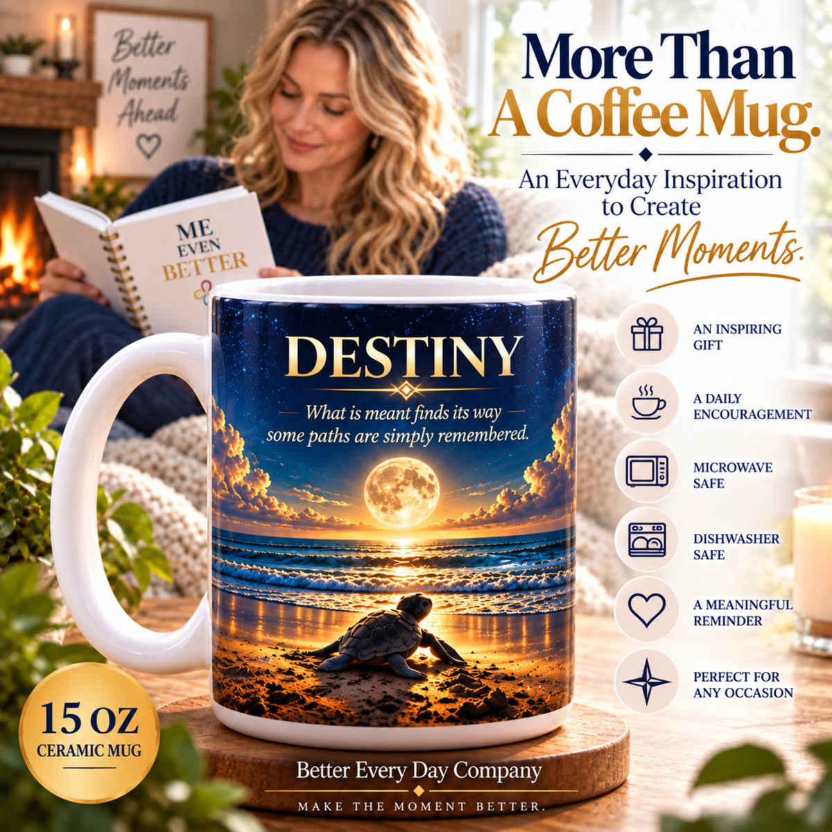 Destiny - What Is Meant Finds Its Way - 15 oz Inspirational Sea Turtle Mug, Coffee Cup