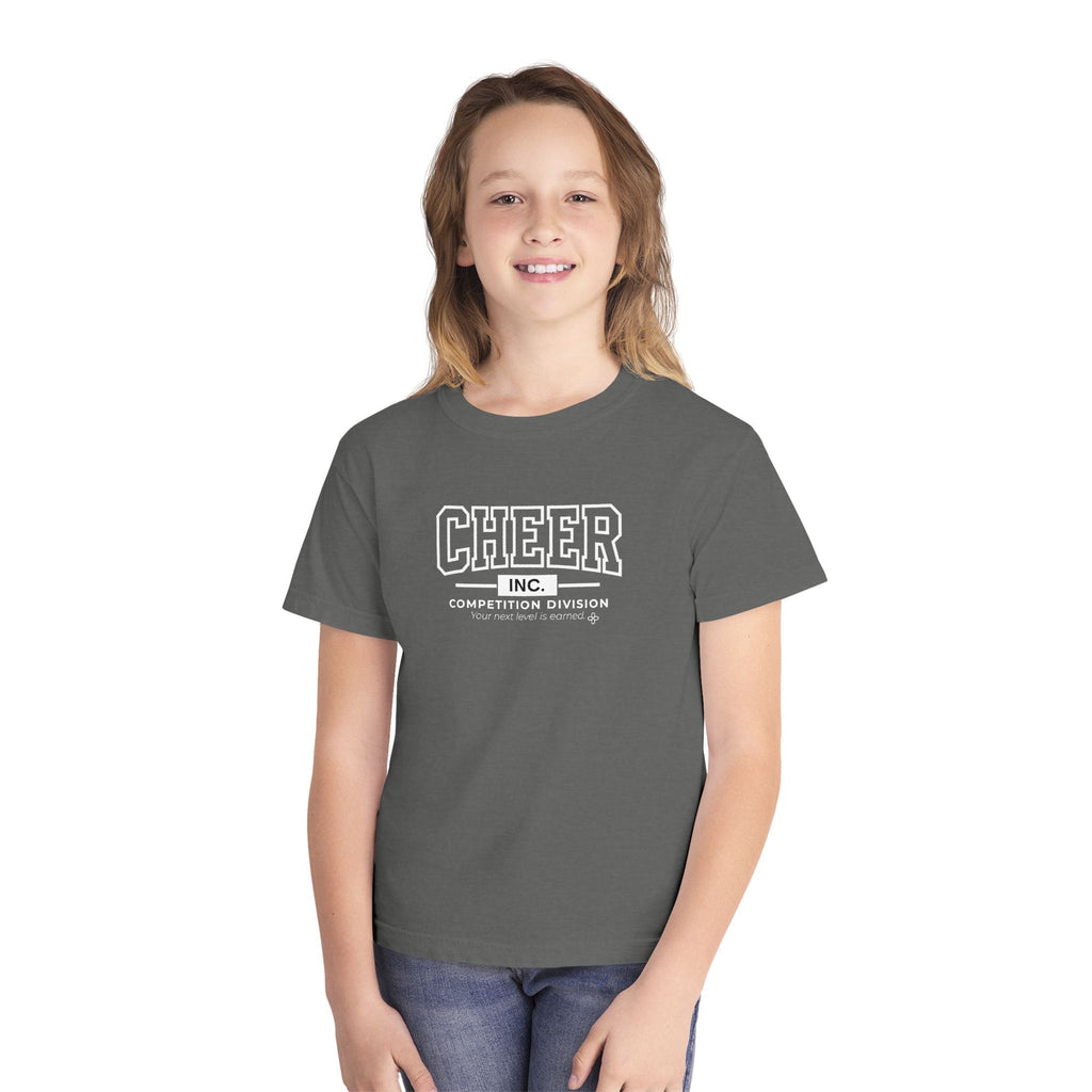 Cheer Inc. Competition Division Youth T-Shirt | Your Next Level Is Earned | Girls Cheer Comfort Colors Youth Tee