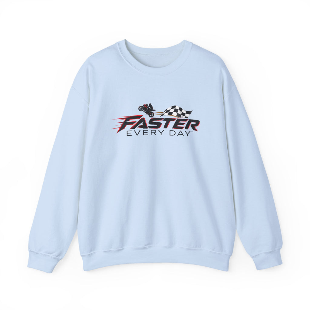 Faster Every Day Checkered Flag Logo Sweatshirt | Motorcycle Racing Gift | Gildan Crewneck Sweatshirt
