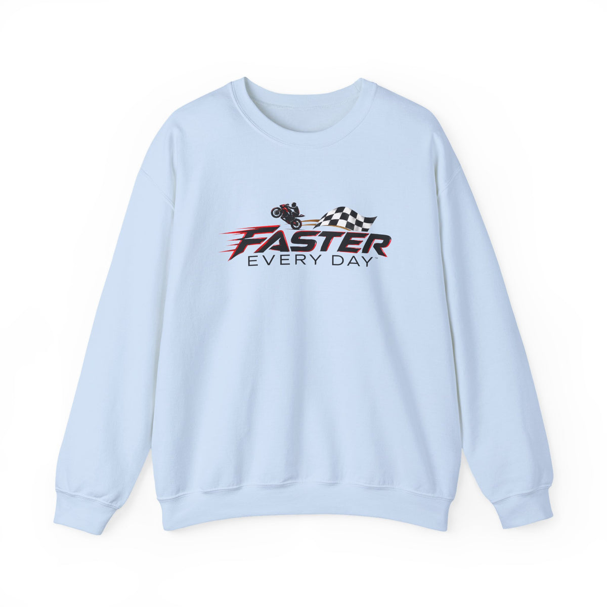 Faster Every Day Checkered Flag Logo Sweatshirt | Motorcycle Racing Gift | Gildan Crewneck Sweatshirt