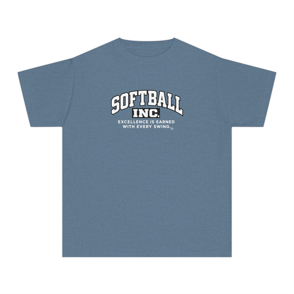 Softball Inc. Youth T-Shirt | Excellence Is Earned With Every Swing | Girls Softball Comfort Colors Youth Tee