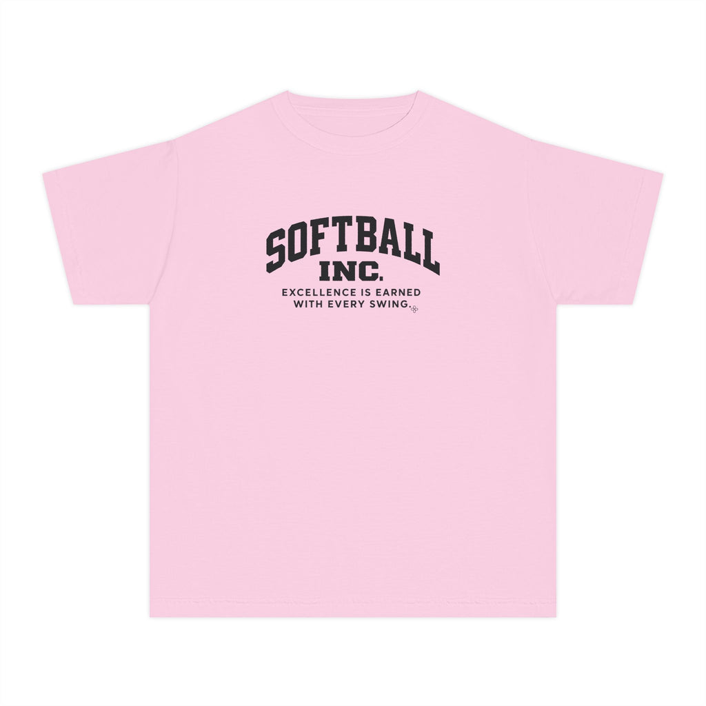 Softball Inc. Youth T-Shirt | Excellence Is Earned With Every Swing | Girls Softball Comfort Colors Youth Tee