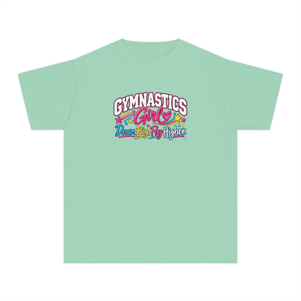 Gymnastics Girl Youth T-Shirt | Dream Big, Fly Higher | Girls Gymnastics Comfort Colors Youth Tee