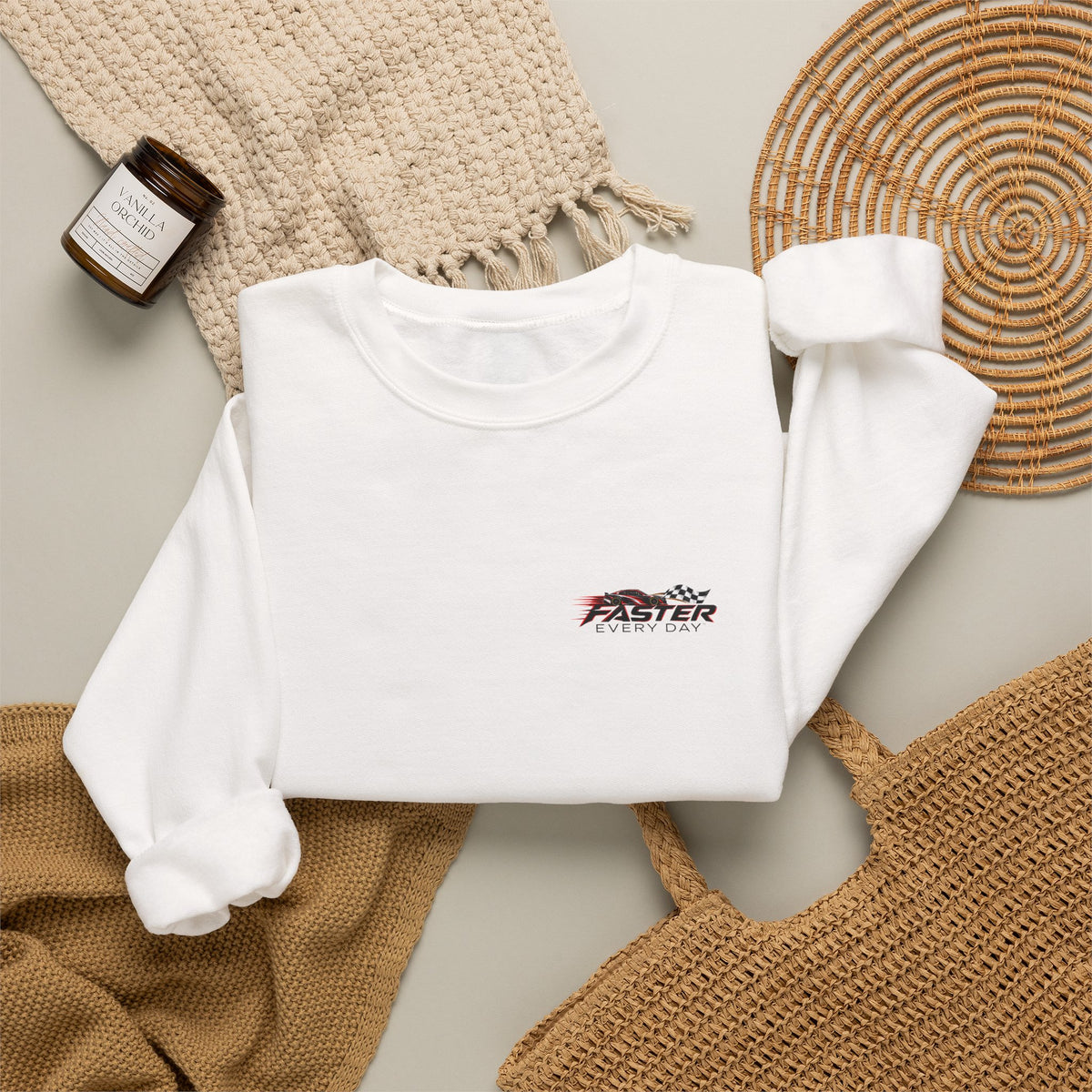 Faster Every Day Stock Car Racing Sweatshirt | Driven to Be Better | Front Logo and Back Print | Gildan Crewneck Sweatshirt