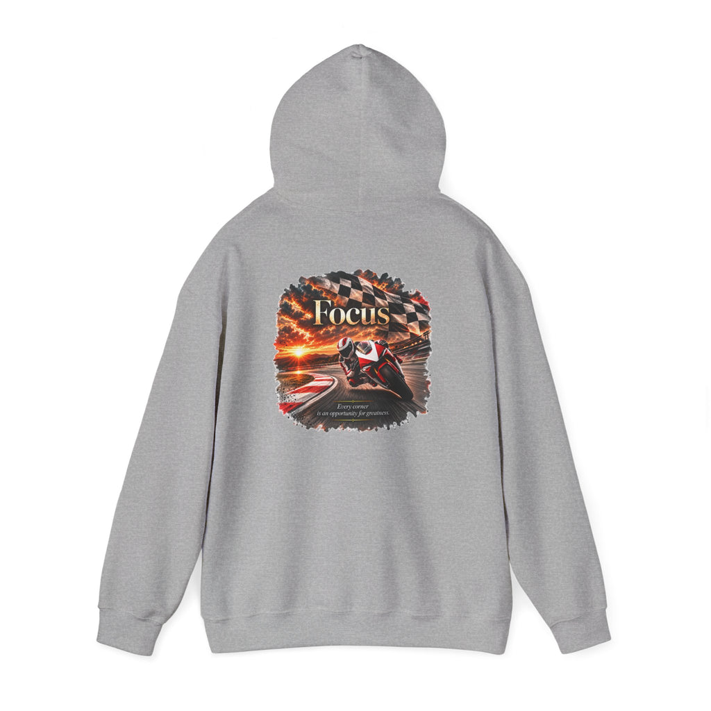 Focus - Every Corner Is an Opportunity for Greatness | Motorcycle Racing Gift | Front Logo and Back Print | Gildan Hoodie