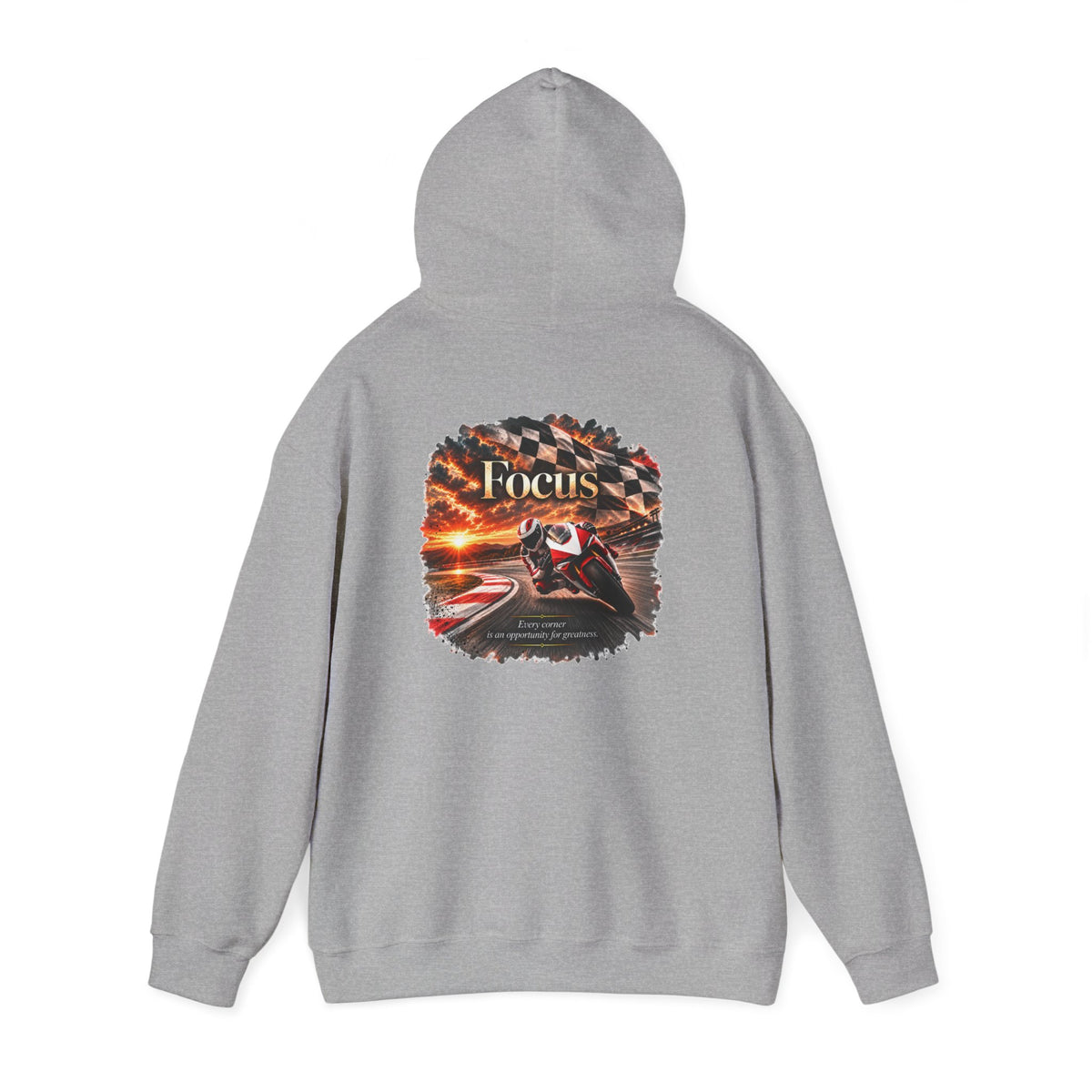 Focus - Every Corner Is an Opportunity for Greatness | Motorcycle Racing Gift | Front Logo and Back Print | Gildan Hoodie