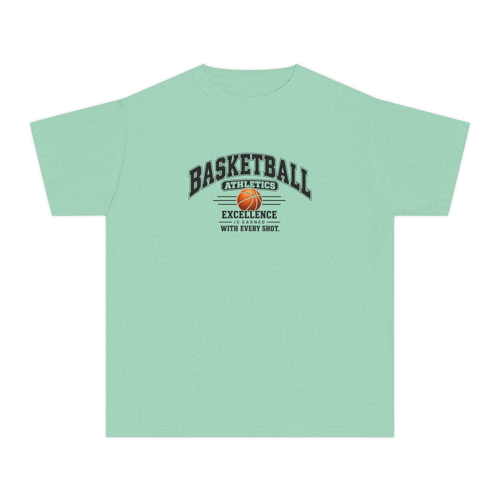 Basketball Athletics Youth T-Shirt | Excellence Is Earned With Every Shot | Kids Basketball Comfort Colors Youth Tee